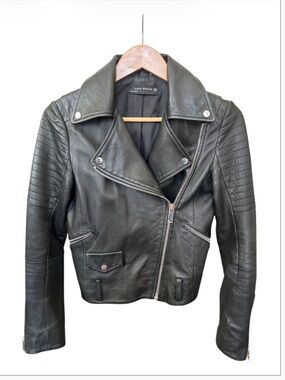 Zara Black Leather Moto Jacket Cropped Biker Style Sheep Leather XS